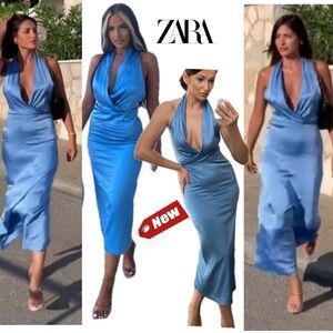 Zara blue satin effect halter top ruched open back midi slip dress NWT
